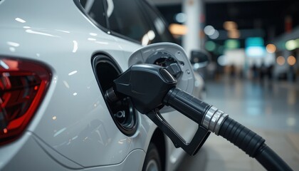 White car refueling at a gas station during daylight with a fuel pump inserted into the tank. The scene is bright and clear.