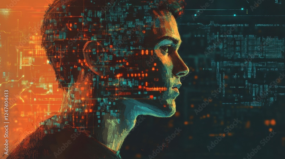 Poster human profile blended with digital circuit patterns and data