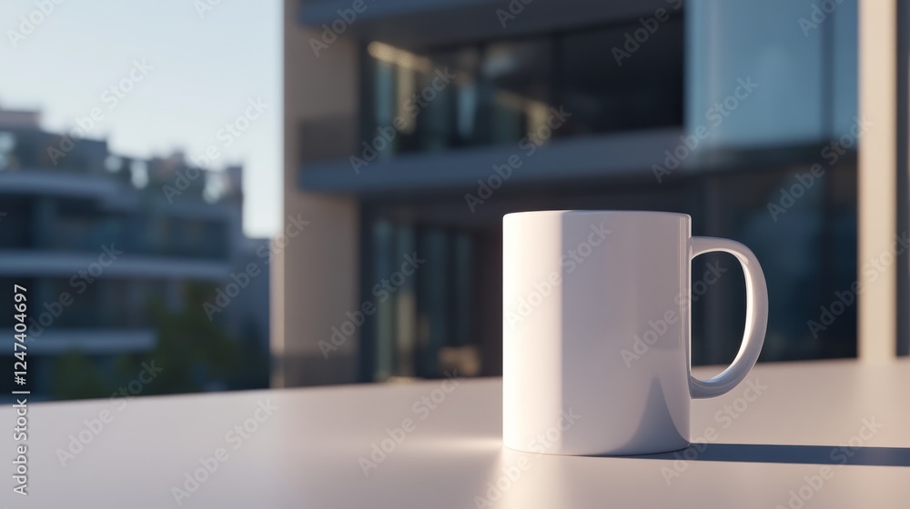 Leinwandbilder A plain white ceramic mug rests on a softly lit surface, showcasing its simple yet elegant design, with subtle shadows adding depth to its appearance