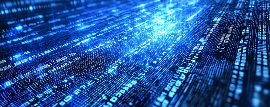 Abstract data flowing through a network nodes, with binary code and AI algorithms running, representing digital technology and the future computing