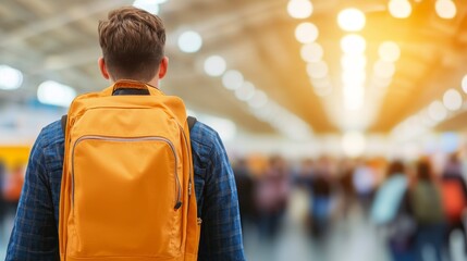 Naklejka premium Person with Yellow Backpack Facing Crowd at Indoor Event or Fair Scene with Lights