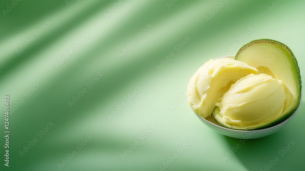 Poster Ripe avocado sliced open to display its smooth and creamy texture, elegantly arranged on a clean white plate illuminated by soft lighting inviting freshness