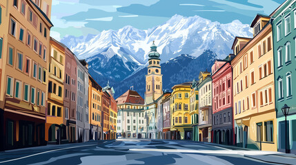 Naklejka premium illustration, Cityscape of Innsbruck in Austria , touristic advertisement poster. Innbruck in Tirol, Austria, the capital city of Tirol.typical buildings and church with beautiful alps, mountains