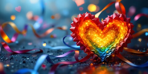 Vibrant Rainbow Heart Decoration Surrounded by Colorful Streamers for Pride Month Celebration. An Event Celebration Featuring Colorful Decorations. A Festive Atmosphere. A Symbol of Love and Unity. A