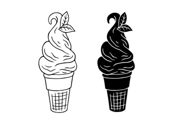Line sketch,silhouette,stamp of summer ice cream dessert in a waffle cone.Vector graphics.
