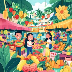 Naklejka premium People smiling and shopping at a vibrant outdoor tropical market