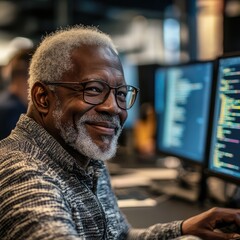Fototapeta premium A man with glasses is smiling and sitting in front of a computer monitor