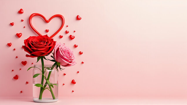 Fondo rojo rosado de corazones y rosas para el D&iacute;a de San Valent&iacute;n, el D&iacute;a del amor y la Amistad