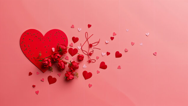 Fondo rojo rosado de corazones y rosas para el D&iacute;a de San Valent&iacute;n, el D&iacute;a del amor y la Amistad