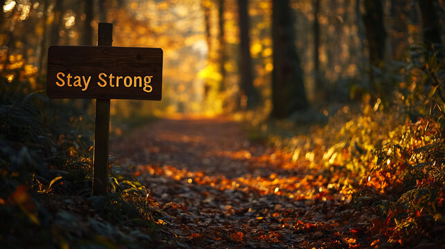 A motivational wooden sign reading "Stay Strong" along a forest path covered in autumn leaves, symbolizing hope and resilience amidst nature's beauty.