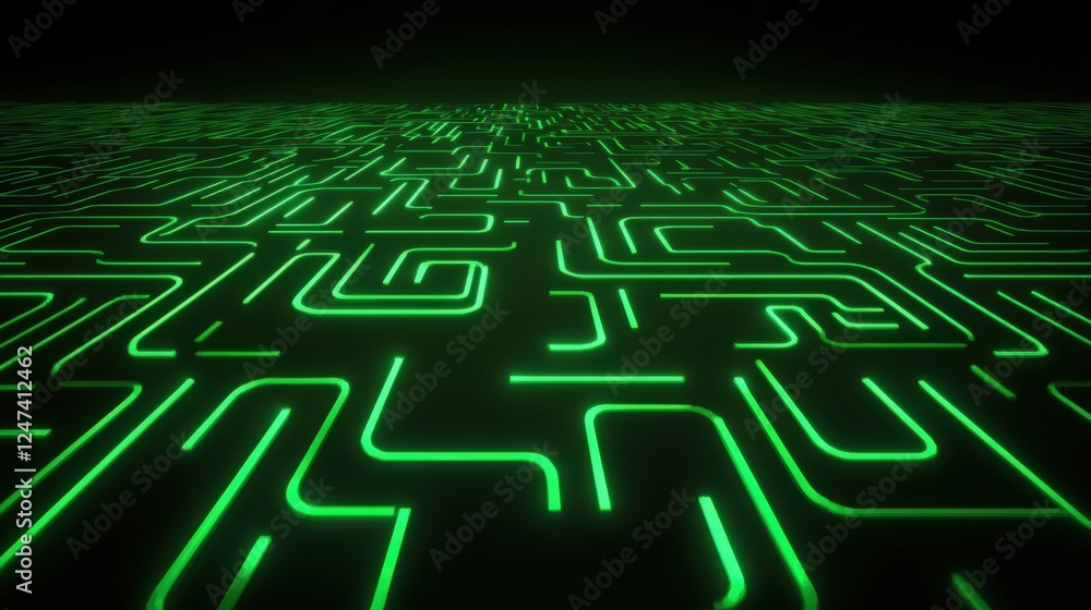 Poster abstract green glowing circuit board pattern on a dark background