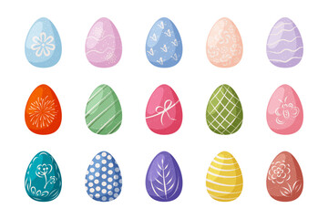 Set of cute Easter eggs. Collection of 15 painted eggs with various patterns. Easter decorations. Vector illustration. 