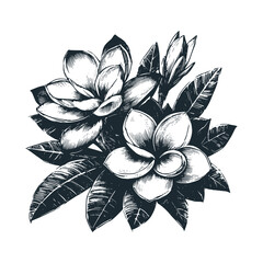 Obraz premium Plumeria Flowers with Leaves - Black white vector illustration