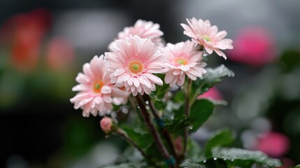 Obraz premium Pink gerbera daisies, rain droplets, garden, blurred background, floral decoration
