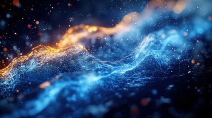 Obraz premium Abstract blue orange energy wave, digital art, dark background, tech concept