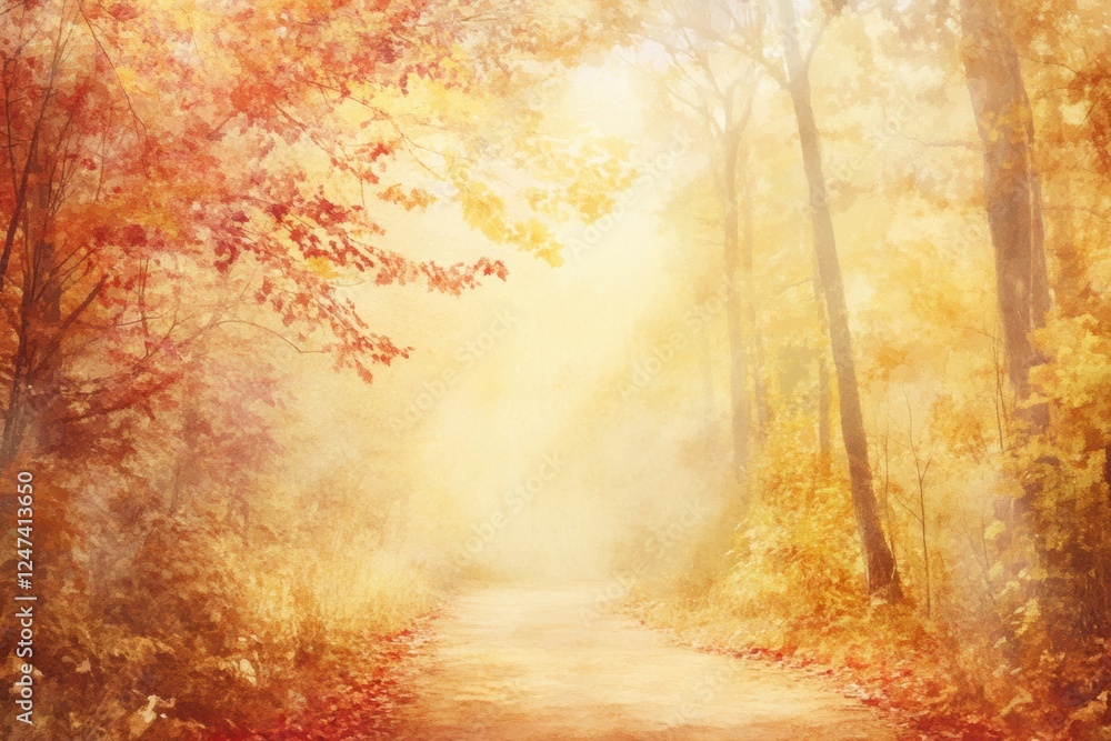 Poster serene autumn landscape with vibrant foliage and misty pathway in soft watercolor style. generative 