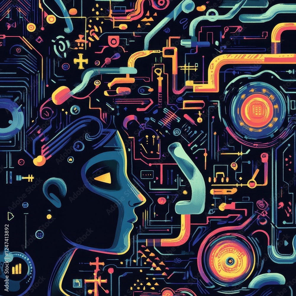 Poster humanoid profile integrated with circuit board and pipe elements