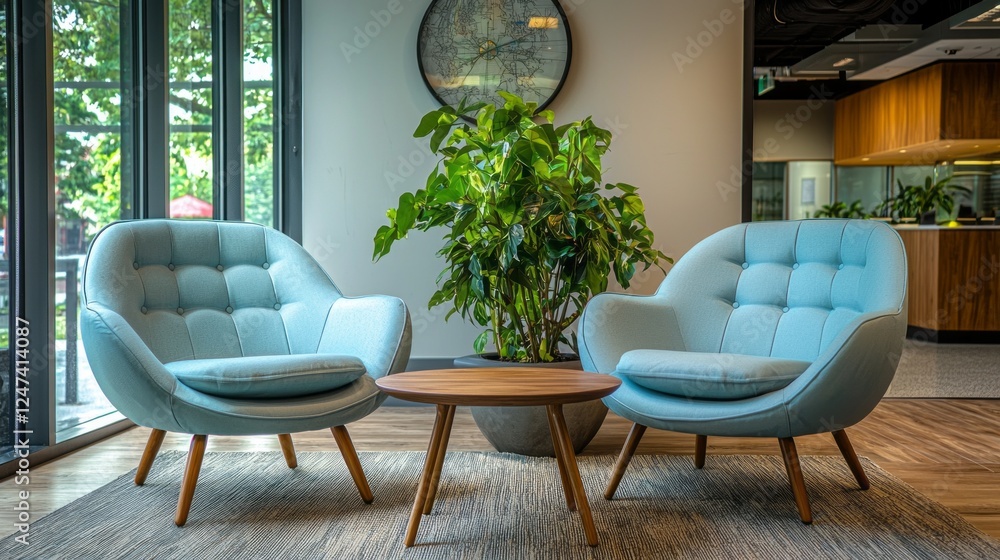 Aufkleber soft light flows through large windows, highlighting two stylish blue armchairs and a wooden table s