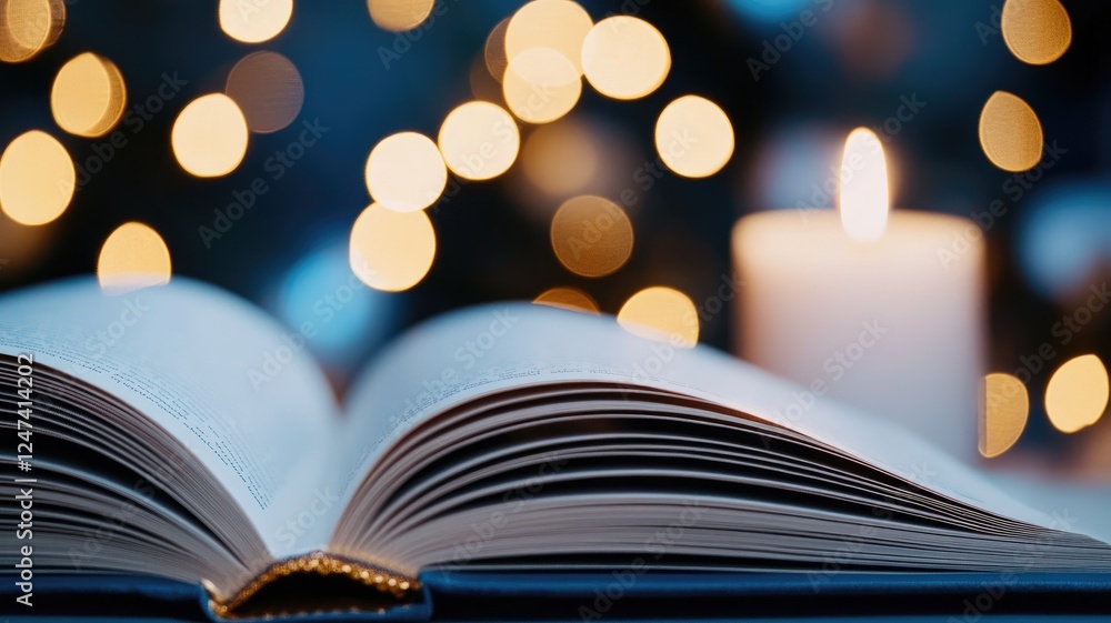 Poster open book with candle and bokeh lights in background