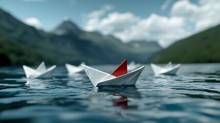 Leadership, paper boats, lake, mountains, teamwork, concept