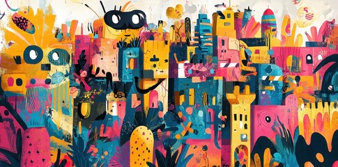 A whimsical and colorful cityscape with playful cartoonish elements