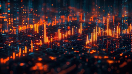 Fototapeta premium Abstract digital city glowing at night, data visualization, technology background