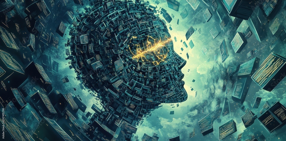 Aufkleber abstract digital human head with glowing lines and floating code