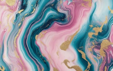 Abstract teal and pink fluid marble texture with glittering golden highlights and elegant flowing swirls for decorative digital art and interior design