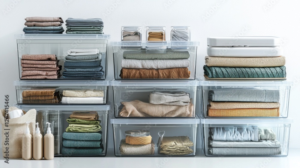 Poster neatly organized textiles in clear storage bins create a harmonious display in a bright, minimalisti