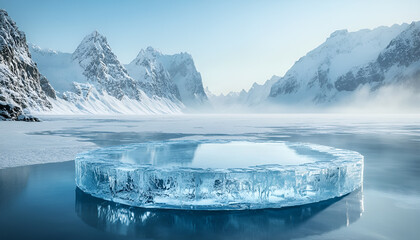 Enchanting circular ice platform in majestic mountainous winter landscape with clear blue skies
