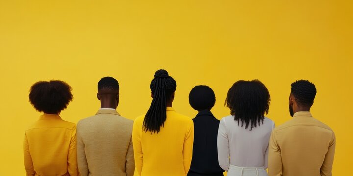 people of color standing in line, facing away from the camera, dressed formally for an event, against a yellow background Generative AI
