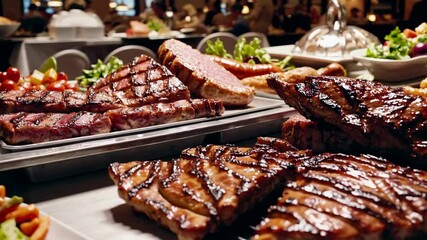 Luxurious restaurant ambiance filled with the aroma of grilled steaks and fresh salads. Guests enjoy a delightful meal at elegantly set tables surrounded by warm lighting.