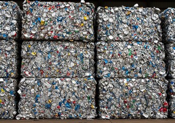 Bales of crushed aluminum cans stacked in a recycling yard, showcasing organized waste management and recycling efforts