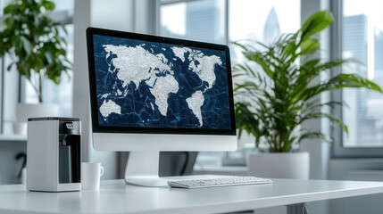 Modern office space featuring a computer monitor with a global map and coffee machine in bright natural light.Influencer's workplace