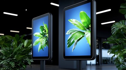 Lobby digital signage displays showcasing lush foliage, modern office background; ideal for advertising