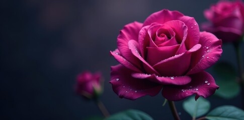 Deep purple rose, glistening with water droplets, image, lush