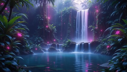 Obraz premium Nestled in an isolated tropical paradise, a stunning waterfall cascades into a shimmering pool. Surrounding flora glows faintly, creating a magical ambiance as serene water gently flows