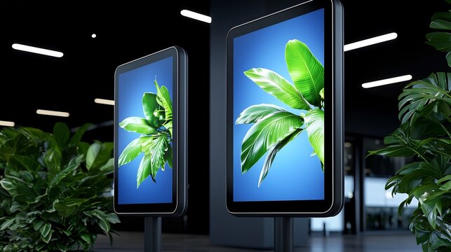 Lobby digital signage displays showcasing lush foliage, modern office background; ideal for advertising