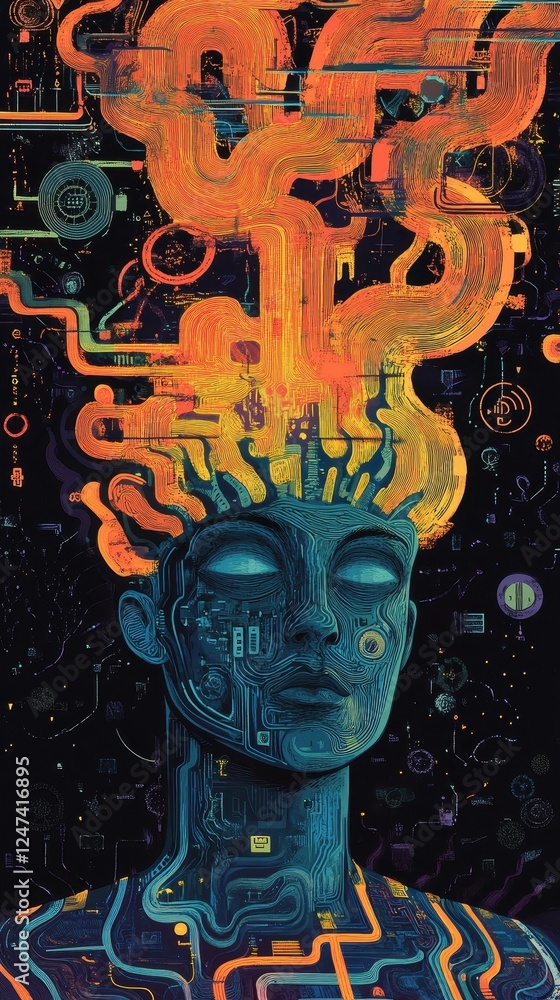 Aufkleber abstract artwork of a cyborg with circuit patterns and wires