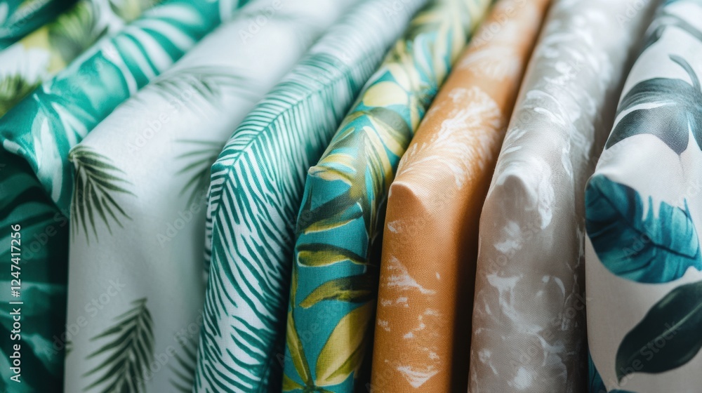 Aufkleber vibrant tropical patterns on light summer fabrics displayed in a sunny shop setting for seasonal fas