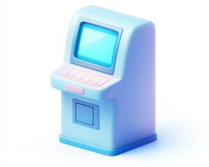 Retro-style blue ATM cash machine featuring digital screen, conceptual banking and financial transaction technology