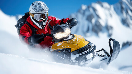Confident man descends snowy mountain on snowmobile, enjoying winter sports with fellow riders in stunning landscape