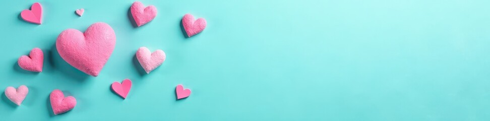 Obraz premium Pastel hearts scattered on turquoise, sugary texture flatlay , pastel hearts, vibrant
