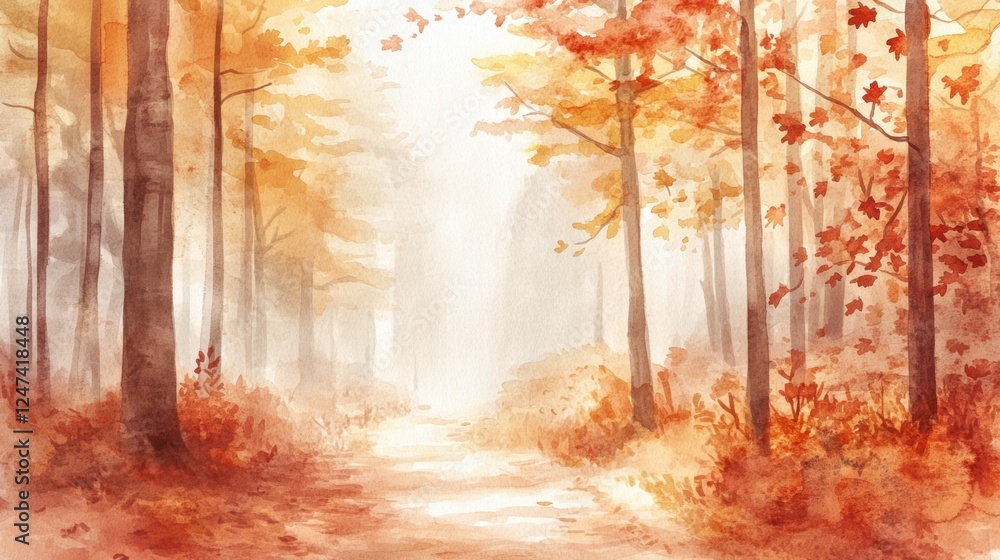 Leinwandbilder colorful autumn forest with mist and golden leaves creating a serene pathway for exploration and tra