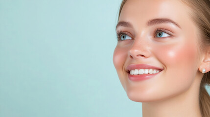 Fototapeta premium Woman with soft smile and pearl earrings against light aqua background, radiating warmth and positivity in a serene atmosphere. Happy Girl Smiling Banner, Background Advertisement. studio portrait