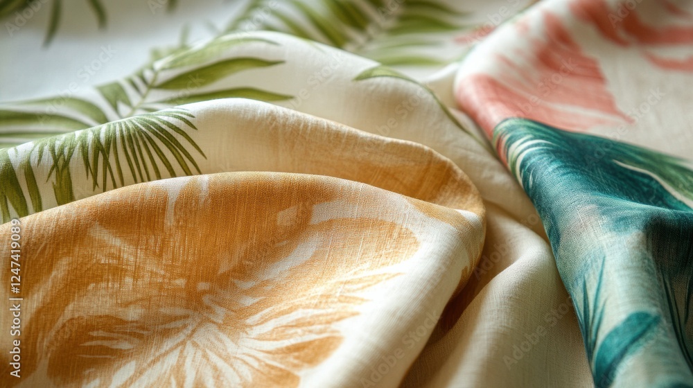 Poster tropical patterns highlight the beauty of light summer fabrics in a vibrant collection for warm weat