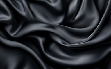 Obraz premium Luxury black satin fabric with soft draping, elegant shine, and smooth waves for high-end fashion, textile decoration, and artistic backgrounds