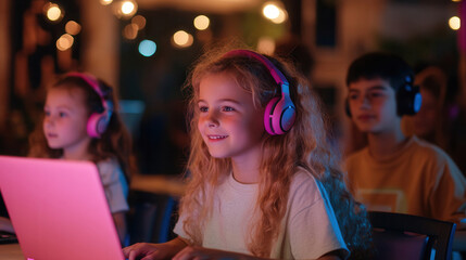 Children engaged in coding activities with tablets and laptops in a vibrant tech workshop