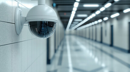 CCTV camera captures activity in corridor with high contrast lighting, providing detailed surveillance in urban environment