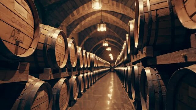 Discover the intimate atmosphere of a wine cellar showcasing rows of wooden barrels and soft, warm lights. The detailed craftsmanship and rustic charm create a unique experience for wine lovers.